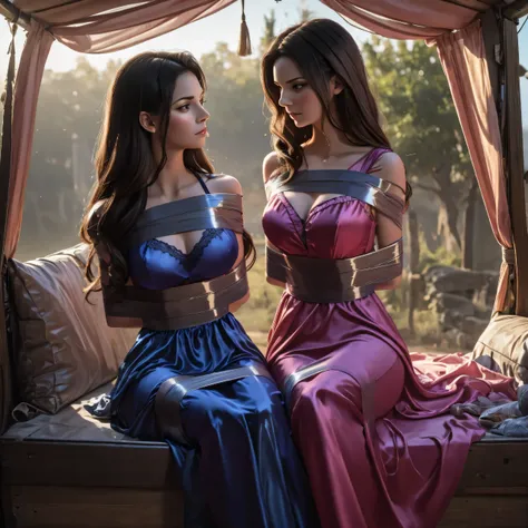 two girl playing bondage game,(bright lighting,romantic setting),dreamy background,bondage,dark hair, mesmerizing gaze, , soft s...