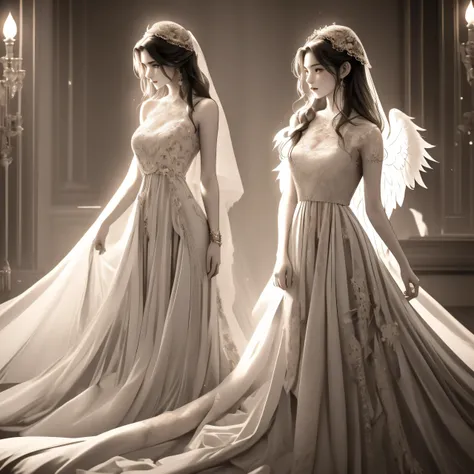an angel bride with wings(best quality,4k,8k,highres,masterpiece:1.2),ultra-detailed,(realistic,photorealistic,photo-realistic:1.37),bridal dress,long wavy black hair,mysterious gaze,pale flawless skin,luscious red lips,fangs showing,stunning facial featur...