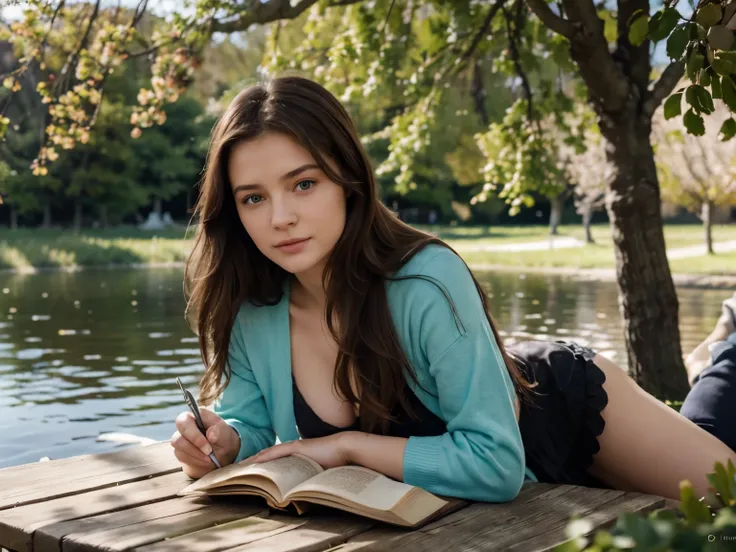 La fille lit un livre au bord du lac, Couleurs vives, printemps, branches de saule, confort, chaud soleil, brunette, 21 ans, yeux verts, 4k, détaillé, hd, chef doeuvre 