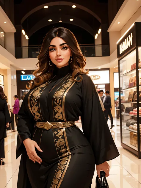 (best quality, realistic:1.37),portrait,middle-aged woman,beautiful detailed eyes,beautiful detailed lips,saudi arabian woman,thick eyebrows,thick curly hair,olive skin tone,wearing a see-through abaya,standing in a modern shopping mall,smiling confidently...