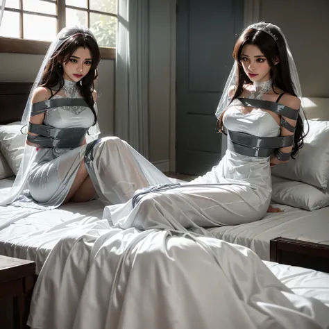 (bright lighting,romantic setting),bride captured, dreamy background,bondage,dark hair, mesmerizing gaze, , soft skin, alluring beauty, artistic portrait, high-quality image, vibrant colors,translucent long silk gown, in the bed,tape bondage,tape gag, mosq...