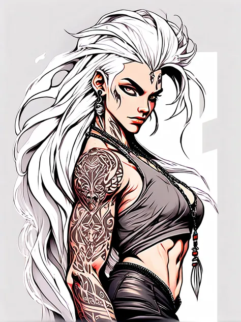 Imagine uma figura feroz e poderosa, with a bodybuilder physique and a wild mane of white hair. Your skin is adorned with complex tattoos, and your face is marked with tribal designs. You will choose a realistic or stylized representation for this androgyn...