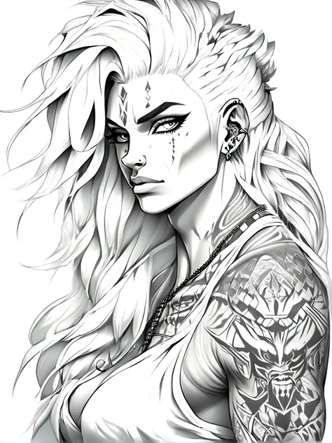 Imagine uma figura feroz e poderosa, with a bodybuilder physique and a wild mane of white hair. Your skin is adorned with complex tattoos, and your face is marked with tribal designs. You will choose a realistic or stylized representation for this androgyn...