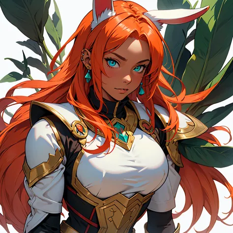 medieval anime art, masterpiece, best quality, only one person, female, solo, upper body portrait, detailed composition, detailed eyes, white background, red orange hair, dark skin, bunny ears, cartilage piercing, wearing teal and white armor