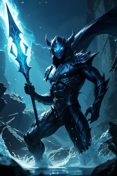 a shadow-shaped monster, blue eyes, holding a shining spear, aura, the monster appears weak. Water theme, aquatic monster, the monster appears to be weak, the monster is small, humanoid appearance