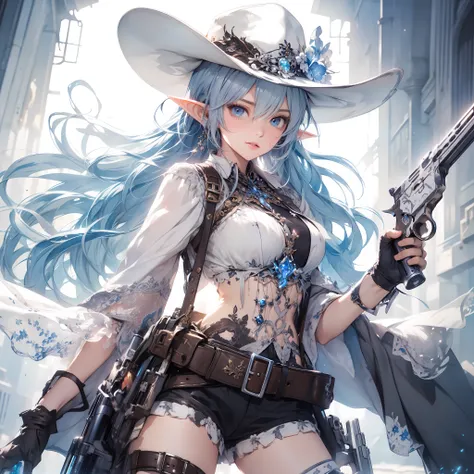 A depiction of a sweet elf girl standing in the world of cowboys, with a gun in hand, (cowboy world setting), style by mikimoto Haruhiko , full body, dynamic pose, perfect anatomy, centered, approach to perfection, cell shading, 8k, cinematic dramatic atmo...