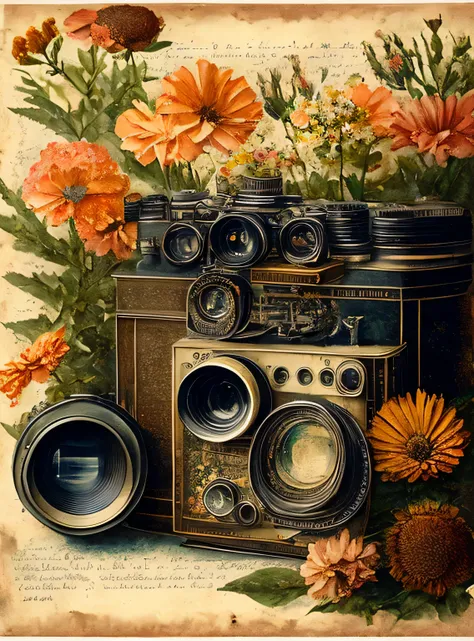 Lithograph sketch realistic portrait of a vintage camera in the center, rodeado de flores, textura de papel antigo, altamente detalhado