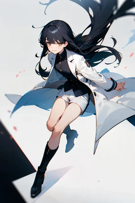 Hashcut，outside spring，bangs center parting，black hair，black suit，Like casino staff，Shorts，white coat，black boots，Drooping eyes，Round eyes，White eyes，smile，cute，White base，whole body，1 person