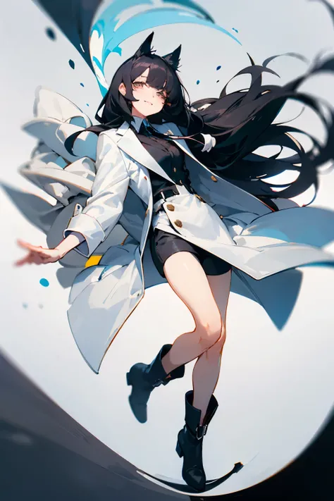 neo wolf cut，outside spring，bangs center parting，black hair，black suit，Like casino staff，Shorts，white coat，black boots，Drooping eyes，Round eyes，White eyes，smile，cute，White base，whole body，1 person