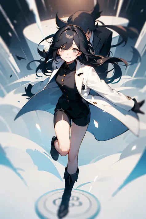 high layer cut，outside spring，bangs center parting，black hair，black suit，Like casino staff，Shorts，white coat，black boots，Drooping eyes，Round eyes，White eyes，smile，cute，White base，whole body，1 person