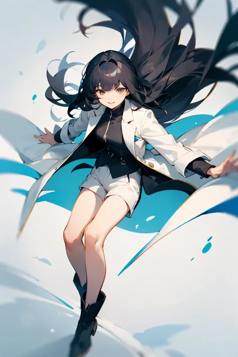 high layer cut，outside spring，bangs center parting，black hair，black suit，Like casino staff，Shorts，white coat，black boots，Drooping eyes，Round eyes，White eyes，smile，cute，White base，whole body，1 person