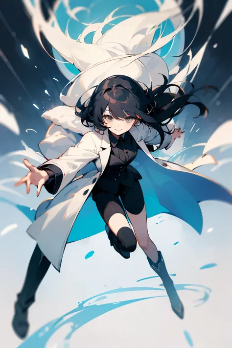 high layer cut，outside spring，bangs center parting，black hair，black suit，Like casino staff，Shorts，white coat，black boots，Drooping eyes，Round eyes，White eyes，smile，cute，White base，whole body