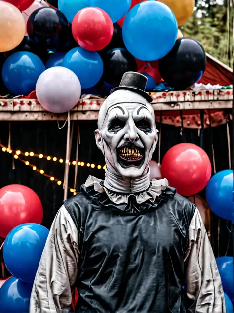 art1024 portrait of a scary man  in an abandoned scary circus balloons desolate trash. 35mm photograph, film, bokeh, professiona...