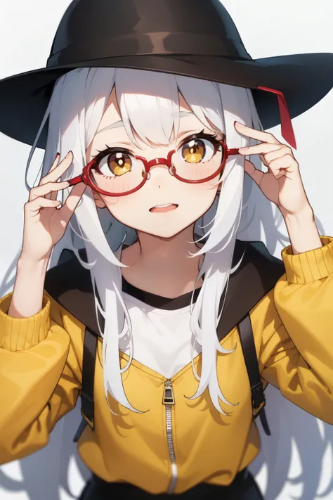 girl，wearing yellow，yellow black hat，university student，wear glasses，High school, etc，cute face，and white hair，red pupils，