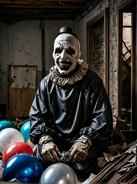 art1024 portrait of a scary man  in an abandoned basement tools wood stone balloons desolate scary trash. 35mm photograph, film,...