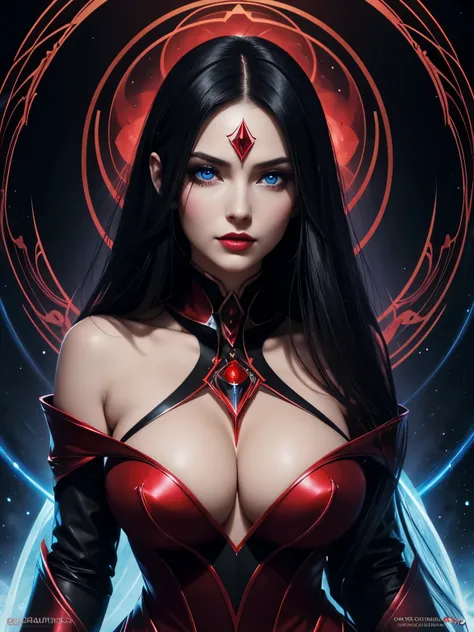 Portrait, beautiful villainess with black hair in a red dress, powerful sorceress, hourglass figure, symmetrical figure, highly detailed face, beautiful face, calming blue eyes, lush lips, alluring, flirting with camera, stunning digital illustration, myst...