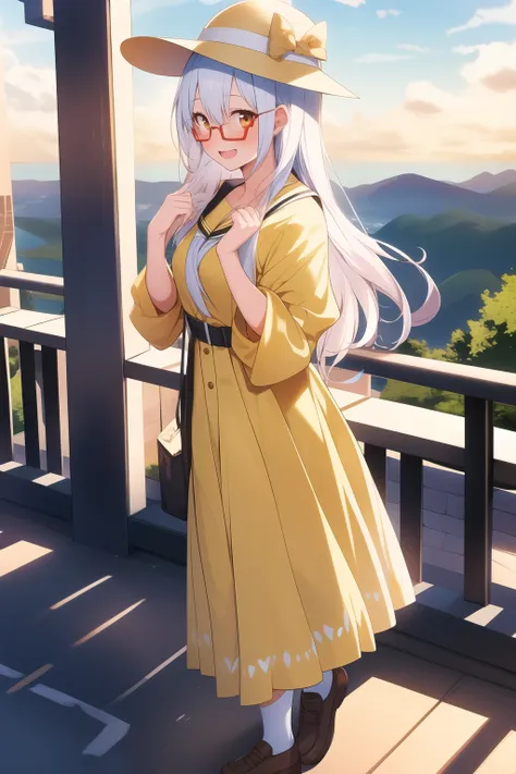 girl，wearing yellow，yellow black hat，university student，wear glasses，High school, etc，cute的脸，and white hair，red pupils，Beautiful scenery，dream，hapiness，full body picture，perfect face，best quality，detailed，masterpiece，long hair，Fashion，cute