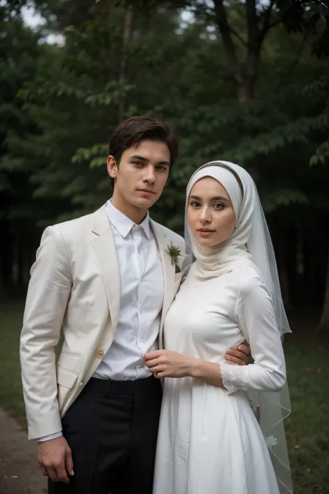 ((best quality)), ((masterpiece)), (detailed), perfect face, couple, woman wearing hijab, weeding, Wedding dress, black suit , Closed clothing, Looking at the camera