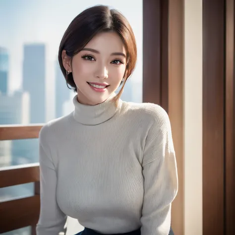 (highest quality、table top、8k、best image quality、Award-winning work)、(1 50 year old mature woman:1.2)、(Wrinkled mature woman face:1.2)、(Perfect turtleneck long knit sweater:1.2)、(very big breasts:1.1)、elegant hairstyle、black brown hair、Emphasize body line、...