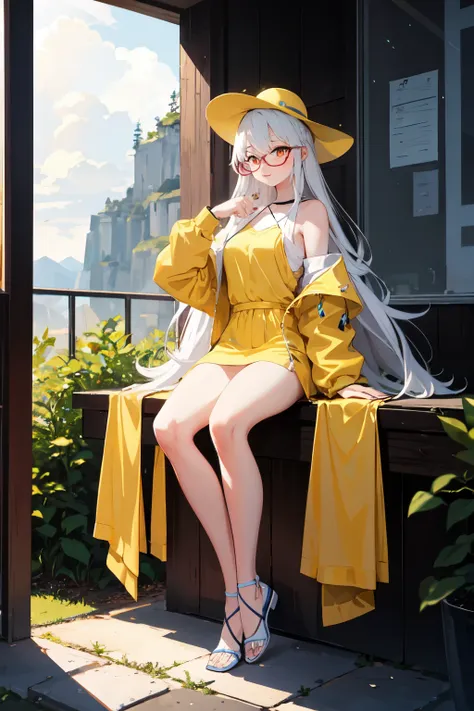 girl，wearing yellow，yellow black hat，university student，wear glasses，High school, etc，cute的脸，and white hair，red pupils，Beautiful scenery，dream，hapiness，full body picture，perfect face，best quality，detailed，masterpiece，long hair，Fashion，cute，perfect hands，En...