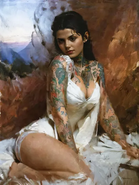 an angel, large breasts, cleavage, tattoos, portrait, style of michael parkes