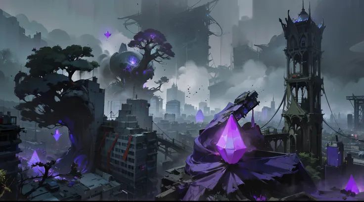 (((there is an anime elven tower in the middle of post-apocalyptic tokyo))), ((futuristic tokyo)), bioluminescent purple flowers, crystals, giant trees, wavering elven flags, city engulfed by mist, digital concept art of dystopian, matte painting arcane do...