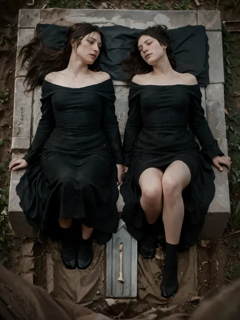 ((Jeremy Lipking style)) ((Nicola Samori style)) two women buried in the ground, two very ugly sad women, ((long black dress)), front, sky, field)), hair up, (oil on linen ), (photo from nikon d800, 50mm
lens), focus, ((two women with their legs buried in ...