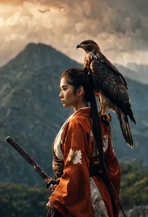 a samurai beautiful sexy woman standing with hawk keep on shoulder, mountain, 4k, magic, cinematic, night, sky, behind view, long ponytail, photorealistic
