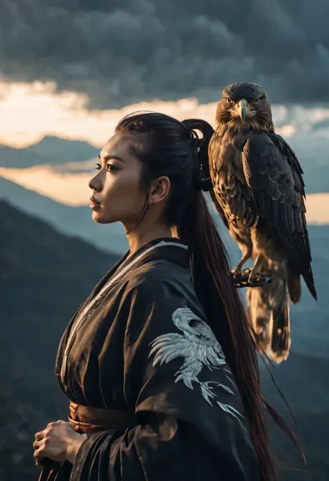 a samurai beautiful sexy woman standing with hawk keep on shoulder, mountain, 4k, magic, cinematic, night, sky, behind view, lon...