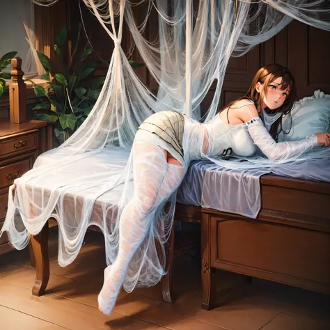 1girl,Spider weaving a net on the girl,réalism:1.2,ultra-detailed,bedroom setting,stretched pose,struggling in the net,brown haired,very long sheer skirt,oaken floor,soft sunlight,delicate spider silk,lace curtains,bedside table,decorative pillows