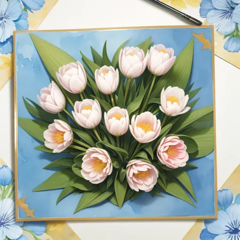 Watercolor seamless pattern of beautiful tulip flowers, Leaves, Calm colors in white color background. Watercolor paper texture.