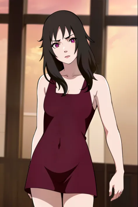 kurenai, kurenai, pelo largo, pelo negro, (ojos rojos:1.5), constituir, lipstick,
romper dress, escote, vestido rojo, sin mangas...