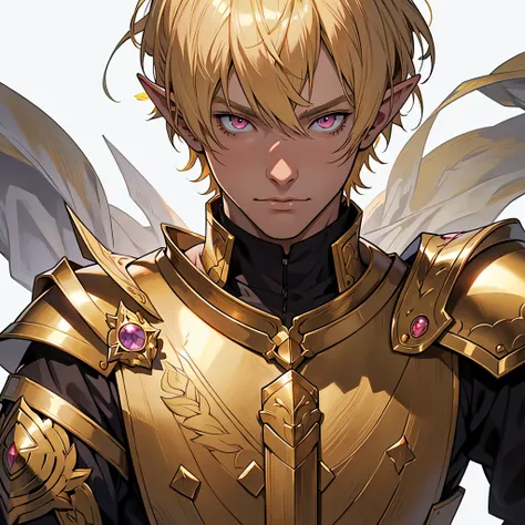 medieval anime art, masterpiece, best quality, by professional artist, 1man, male, solo, upper body portrait, detailed composition, detailed eyes, detailed hair, white background, elf, blond hair, bowl cut, golden royal knight armor, pink eyes