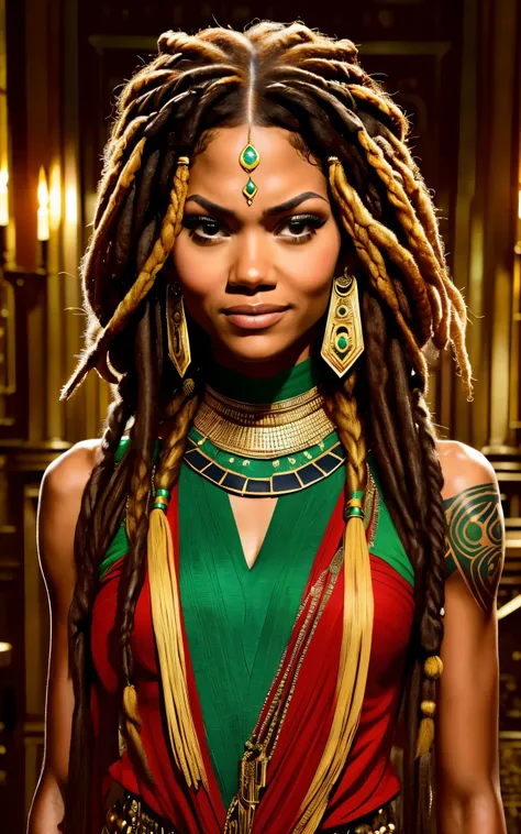 (Zendaya:Halle Berry) dressed like a nigerian chaman, red green and yellow sleeveless tunic, (high top fade haircut and dreads) tribal tattoo in the face, (golden rings necklace), Lovecraft atmosphere, masterpiece, hyperdetailed