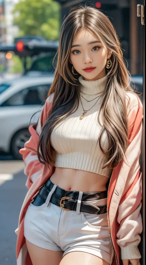 สาวbeautifulนักศึกษาวิทยาลัย，ผลworkชิ้นเอก，light makeup，red lips，silver hair，long messy hair，road background，beautiful，grace。ver...