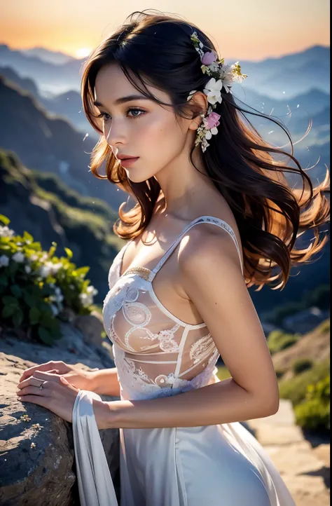 A beautiful woman stood atop a rocky outcropping,  Her hair was swept up in loose curls that tumbled down her back, a subtle hint of makeup accentuated her high cheekbones, full lips, and flawless complexion. As she turned to face the camera, a soft smile ...