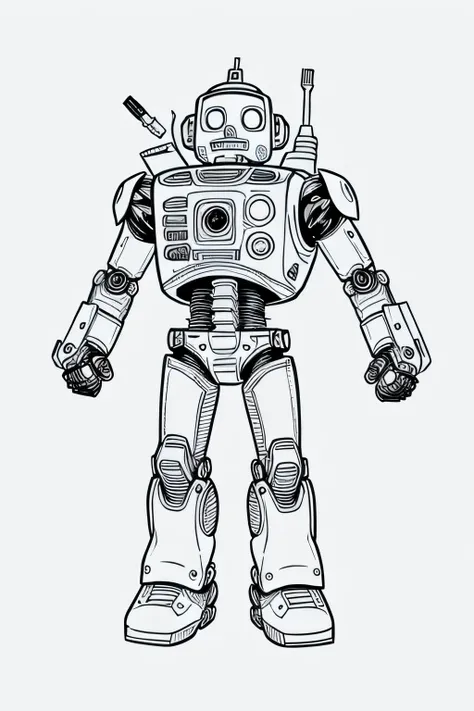 A coloring book page, white background, A friendly robot explorer with gears and gadgets, on a mission to discover a futuristic world, ink drawing, lineart, clipart, simple line illustration, black and white