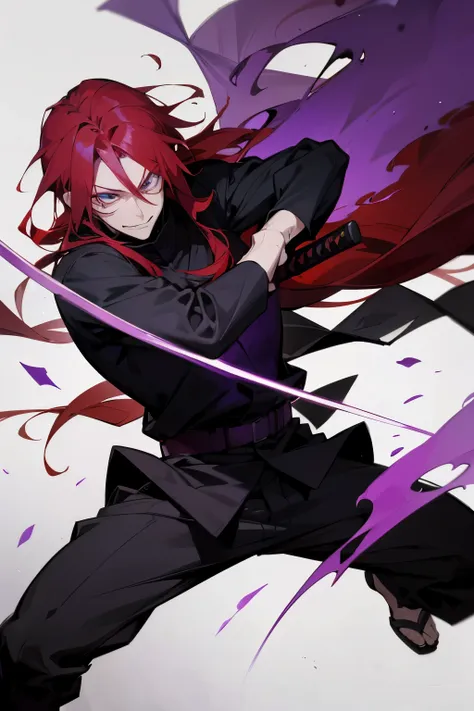 jujutsu kaisen art style, jujutsu student, male, red long hair, purple aura, sukuna smile, masterpiece, power, fight pose, bount...