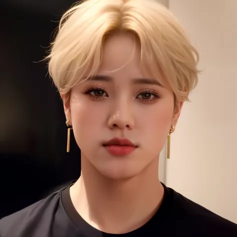 a close up of a man with a black shirt and earrings, jimin, jimins plump lips, park jimin, jimins right eyelid swollen, accurate jimin face, jimins grecian nose, Park Jimin, Jimin Park, with same hairstyle, Jimin Park, with short hair, portrait of kpop ido...