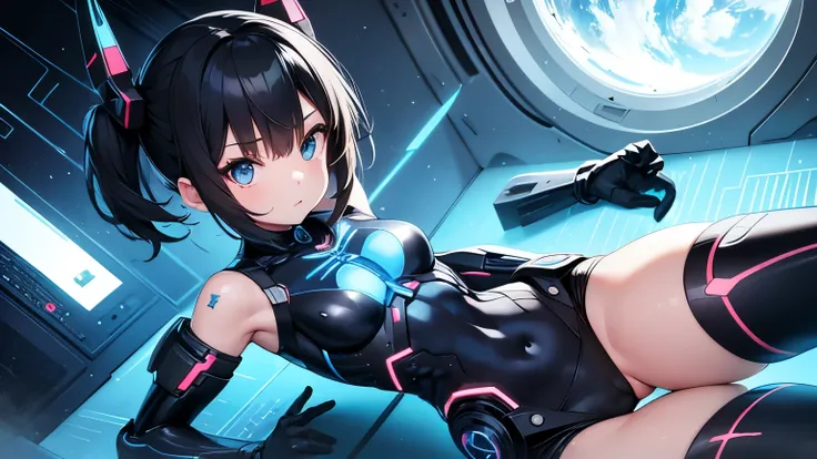 ultra realistic,  girl  , 8 year old girl, black hair, blue eyes, technological plate fused to the chest, blue energy core,  body, cyborg body, cyborg arms and legs.  ultra detailed