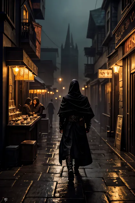 shifty,sexually ambiguous changeling,rouge merchant,in a dark cloak,rundown fantasy city street,foggy night,(best quality,4k,8k,...