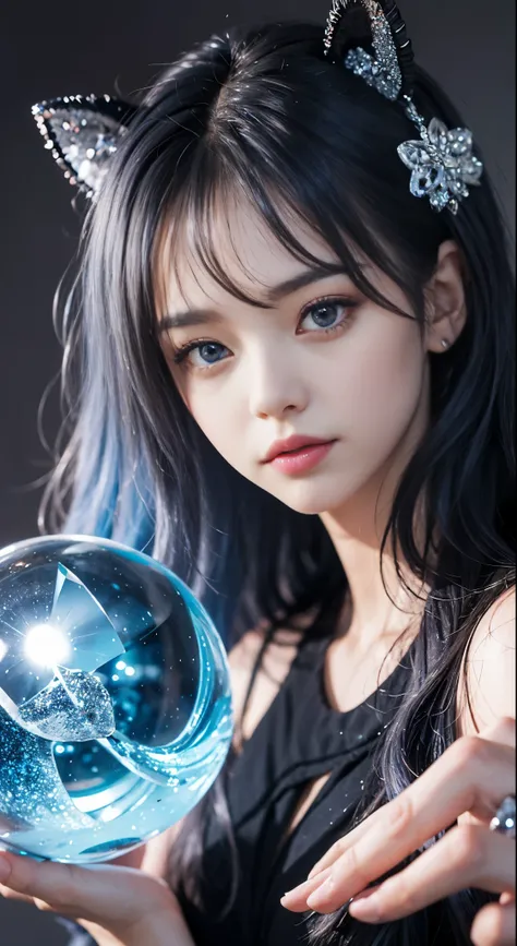 （and soul）（secondary elements）1 girl、blue hair、hair length、blue eyes、gradient eyes、sparkling eyes、bright eyes、finely tuned、expressive eyes、blue clothes、gem、Blue lighting、blue theme、（form：1.5）、abstract、highest quality、Super detailed、(((Holding a crystal bal...