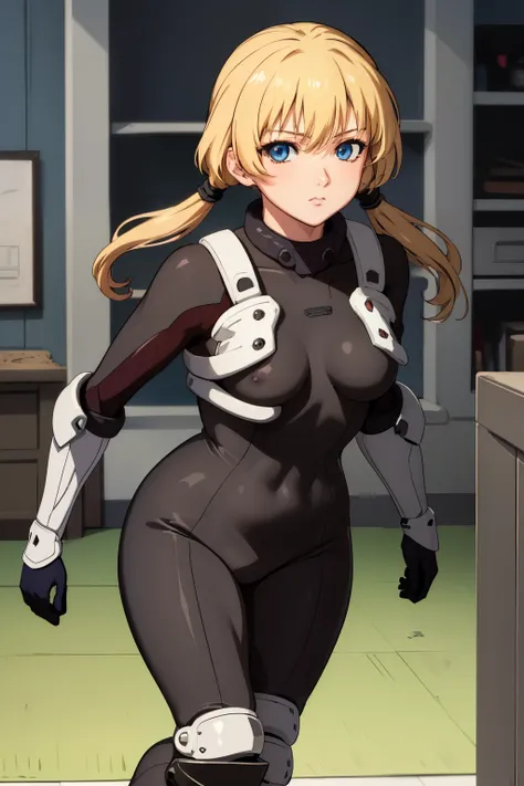 (masterpiecem, best quality, ultra-detailed), MarleneAngelBG, blue eyes, blonde hair, low twintails, bodysuit, gloves, knee pads, standing, dynamic pose, looking at viewer, indoors