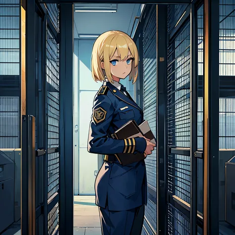 A young woman stands in front of a prison, bright blonde hair,  standing in the prison office, dark blue eyes, wearing prison uniform, 