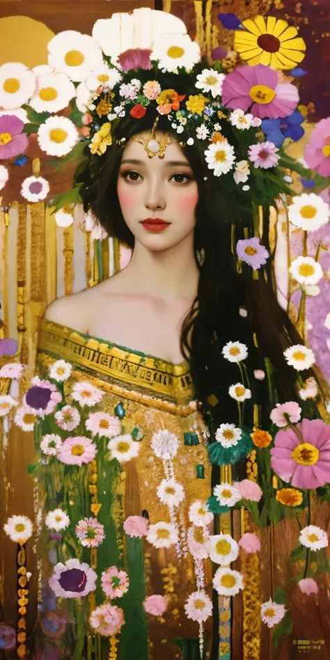 a painting of a woman with a flower crown on her head, flower goddess, woman in flowers, she has a crown of flowers, a goddess in a field of flowers, covered with flowers, mucha klimt and tom bagshaw, girl in flowers, persephone in spring, flower queen, go...