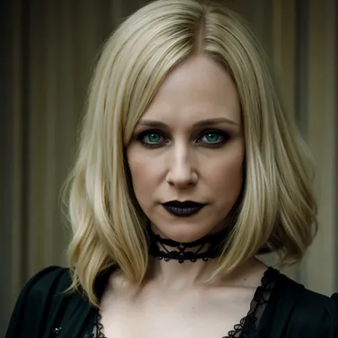 retrato de Vera Farmiga com cabelos dourados, cabelo loiro, light cabelo loiro, cabelo loiro platinado, long cabelo loiro, olhos verdes, pale skin, gothic clothes, maquiagem preta, gothic makeup,