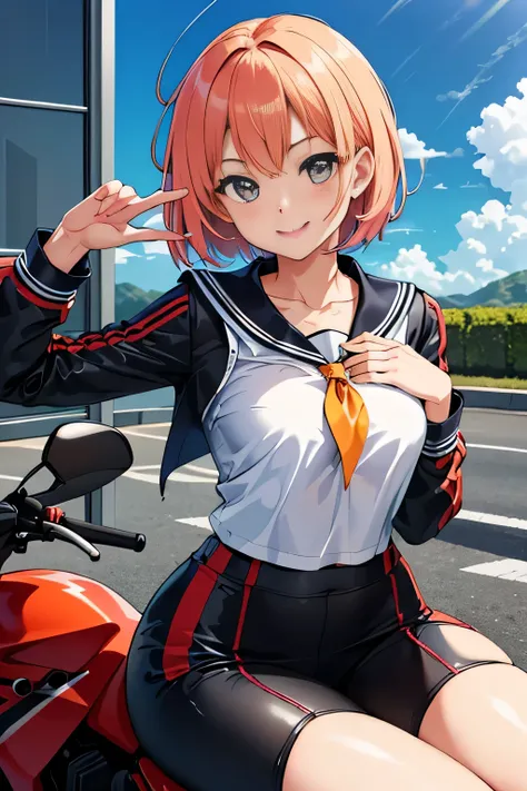 woman in sailor suit,school uniform,(A woman wearing a transparent sailor suit:1.3, ),(A woman rides through the sky on a colorful custom-painted motorcycle:1.3), Shiny light brown and orange striped short hair,cute smile,perfect round face,A cheerful smil...