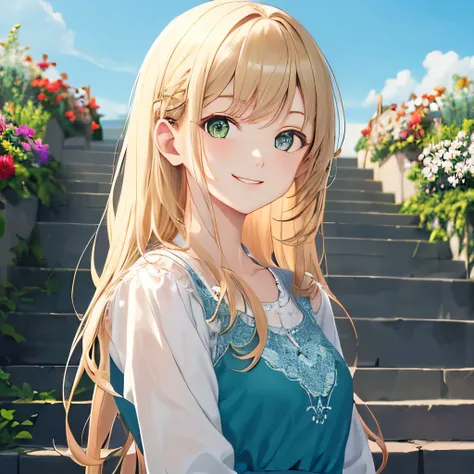 18 years old upper body, smile, outdoors, day, simple background, blue sky, long blonde hair, sky, looking at viewer, green eyes, stairs, flower garden, moody lighting, royal dress