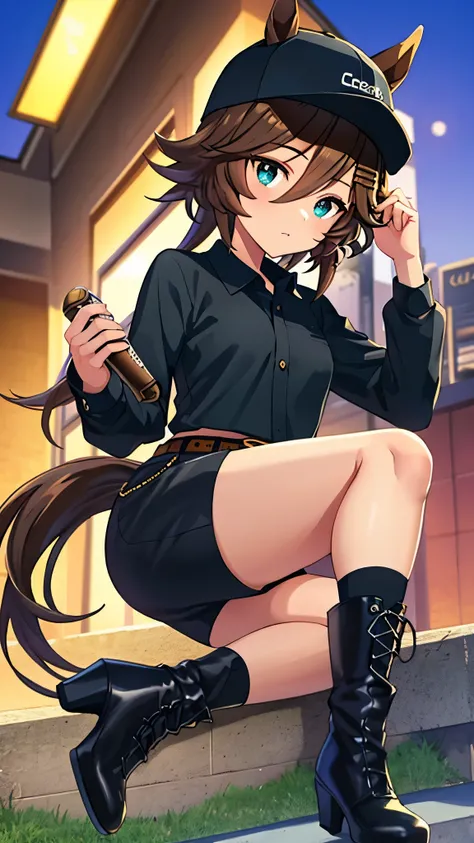 High quality,1girl,Mr. C.B.,hairclip, official alternate costume, baseball cap, ears through headwear, black headwear, black shirt, long sleeves, crop top, collared shirt, belt, black shorts, black socks, high heels, high heel boots