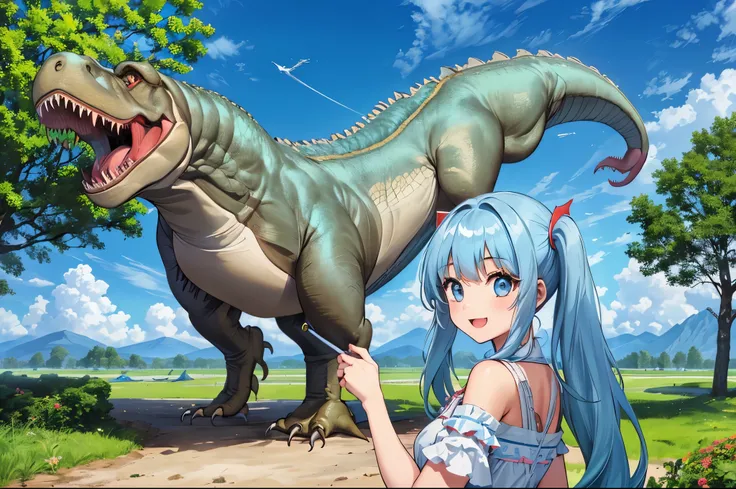 (girl), (t-REX, Tyrannosaurus head:1.3), (Big Museum)、light blue long hair、 Beautiful girl with twin tails、platinum skin, smile, 
 Earth in primitive times、 Big tree, flying dinosaur